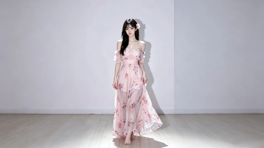 3k粉色碎花裙美女壁纸｜浅色室内背景图片 - 氛围感写真「哲风壁纸」