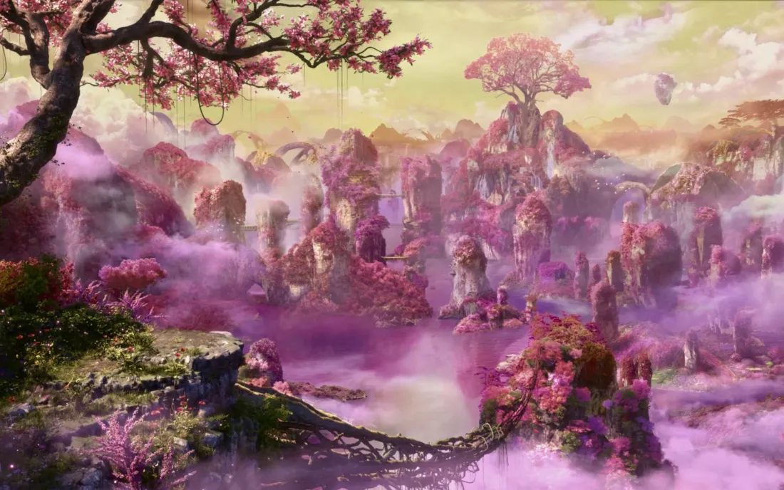 2k梦幻仙境壁纸｜粉花林云雾山峰背景图片 - 治愈自然风光「哲风壁纸」