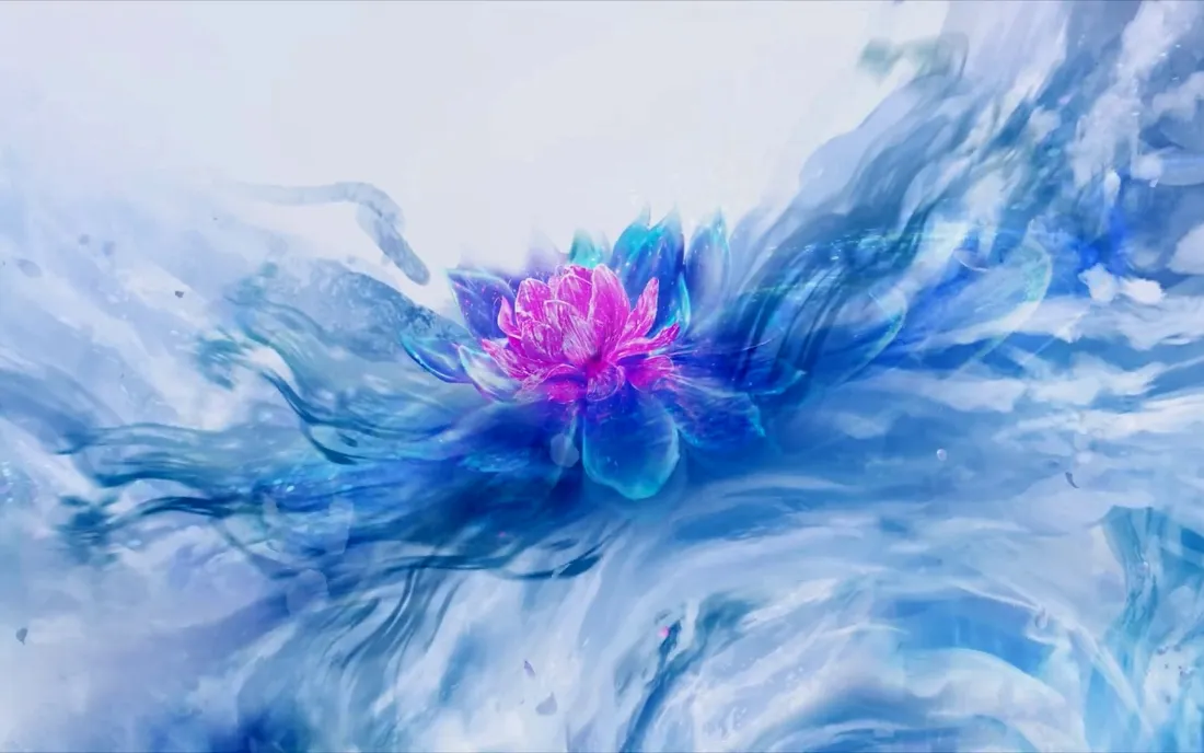 2k冰中粉莲壁纸｜蓝色梦幻冰面背景图片 - 清新自然风景「哲风壁纸」