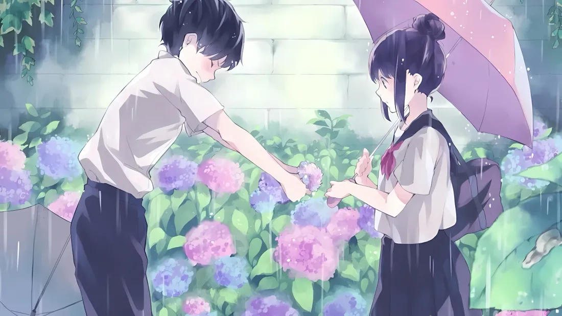 3k紫阳花少年少女壁纸｜雨天绣球花背景图片 - 日系青春校园「哲风壁纸」