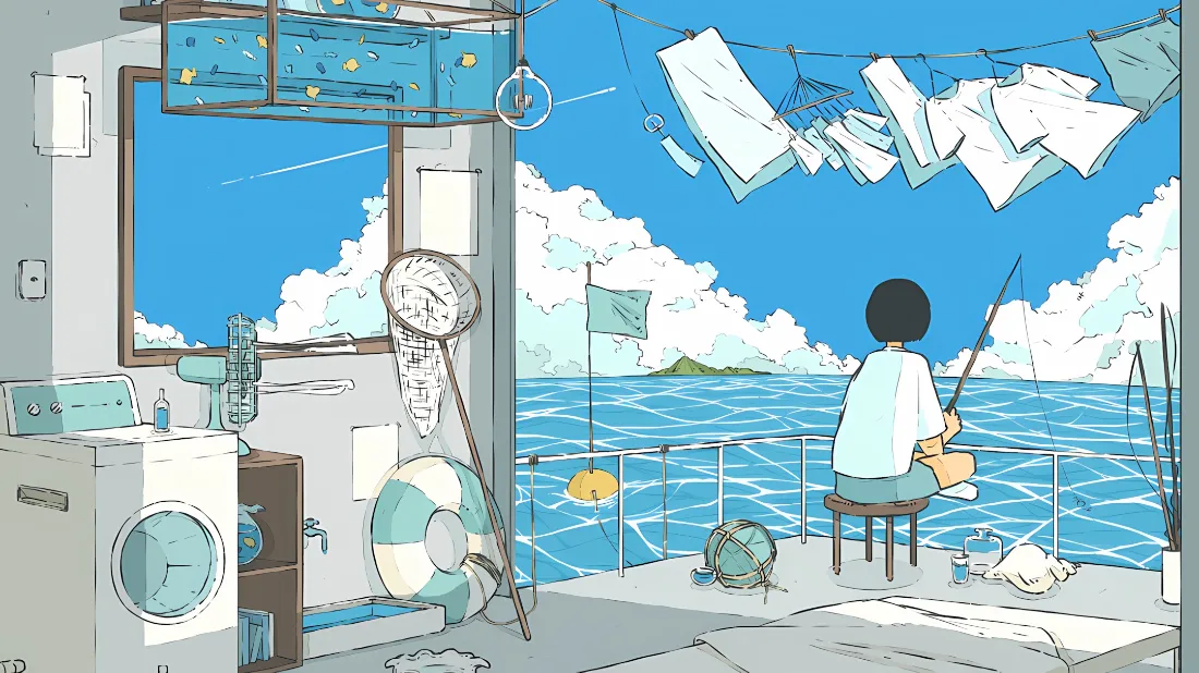 2k海边少年壁纸｜海景小屋背景图片 - 悠闲钓鱼场景「哲风壁纸」