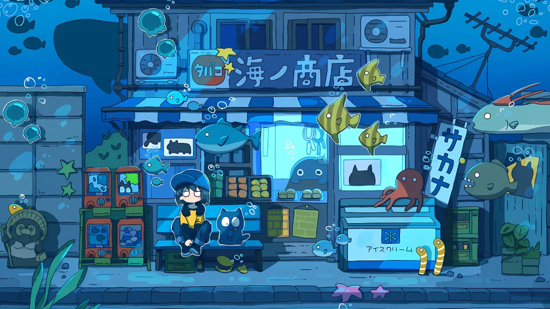 2k海底商店壁纸｜奇幻治愈海底场景背景图片 - 二次元像素插画「哲风壁纸」