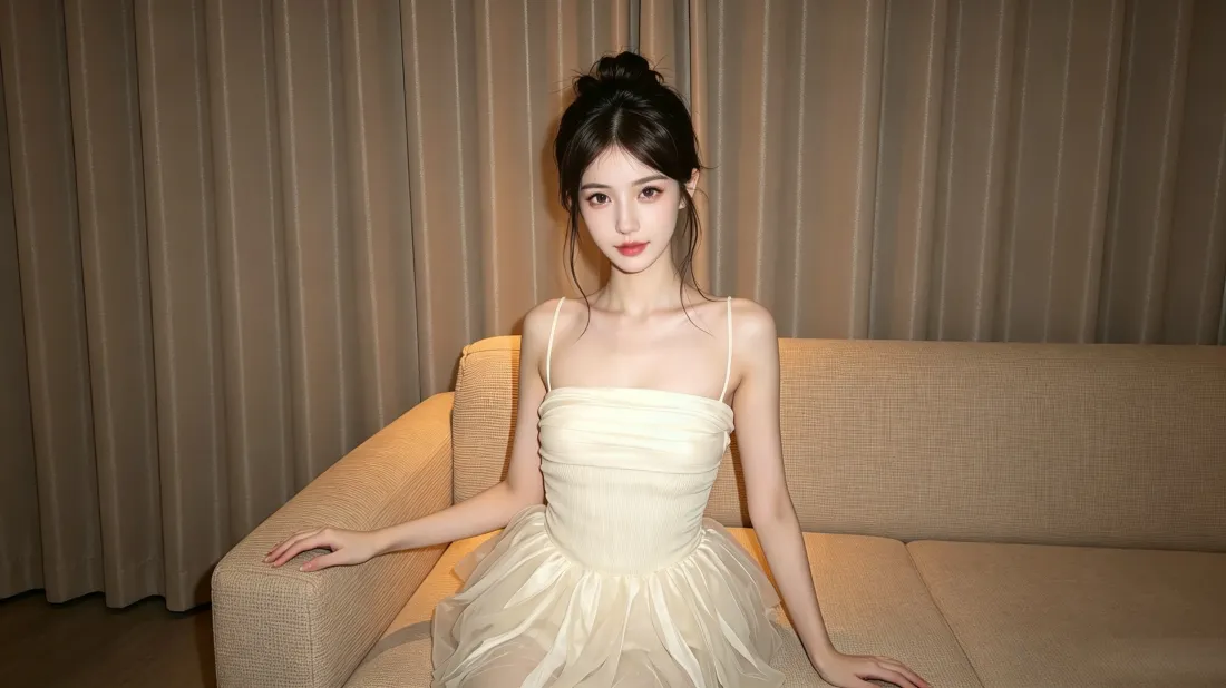 3k白裙美女壁纸｜室内沙发背景图片 - 时尚写真「哲风壁纸」