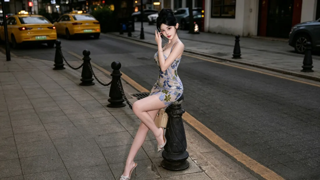 3k气质美女壁纸｜都市街景背景图片 - 碎花抹胸裙时尚写真「哲风壁纸」