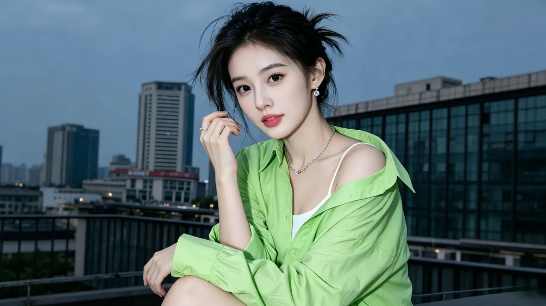 3k美女壁纸｜城市天台背景图片 - 绿色衬衫氛围感写真「哲风壁纸」