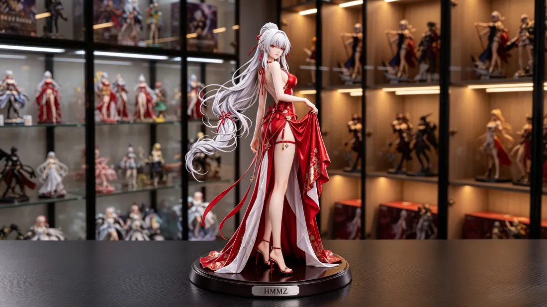 3k银发红礼服美少女手办壁纸｜展示柜背景图片 - 潮玩摆件「哲风壁纸」