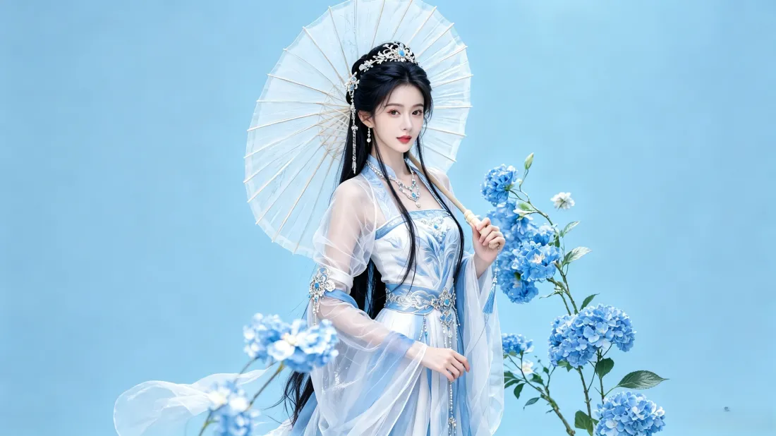 3k蓝衣古风美女壁纸｜绣球花背景图片 - 清新古风人像「哲风壁纸」