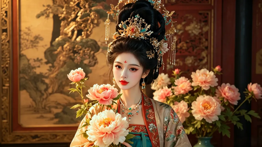 3k古风汉服美人壁纸｜牡丹古宅背景图片 - 国风写实插画「哲风壁纸」