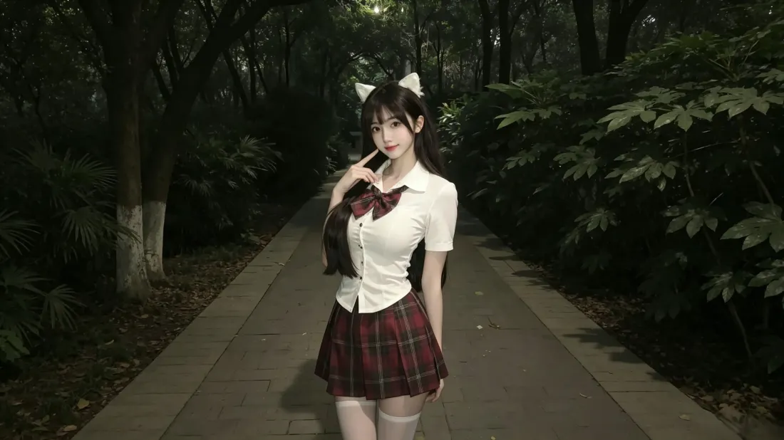 3kJK少女壁纸｜林间小路背景图片 - 猫耳制服甜美穿搭「哲风壁纸」