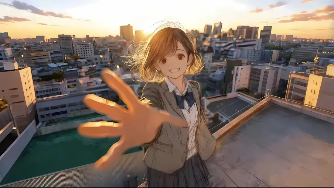 2kJK少女壁纸｜都市夕阳天台背景图片 - 治愈风二次元插画「哲风壁纸」