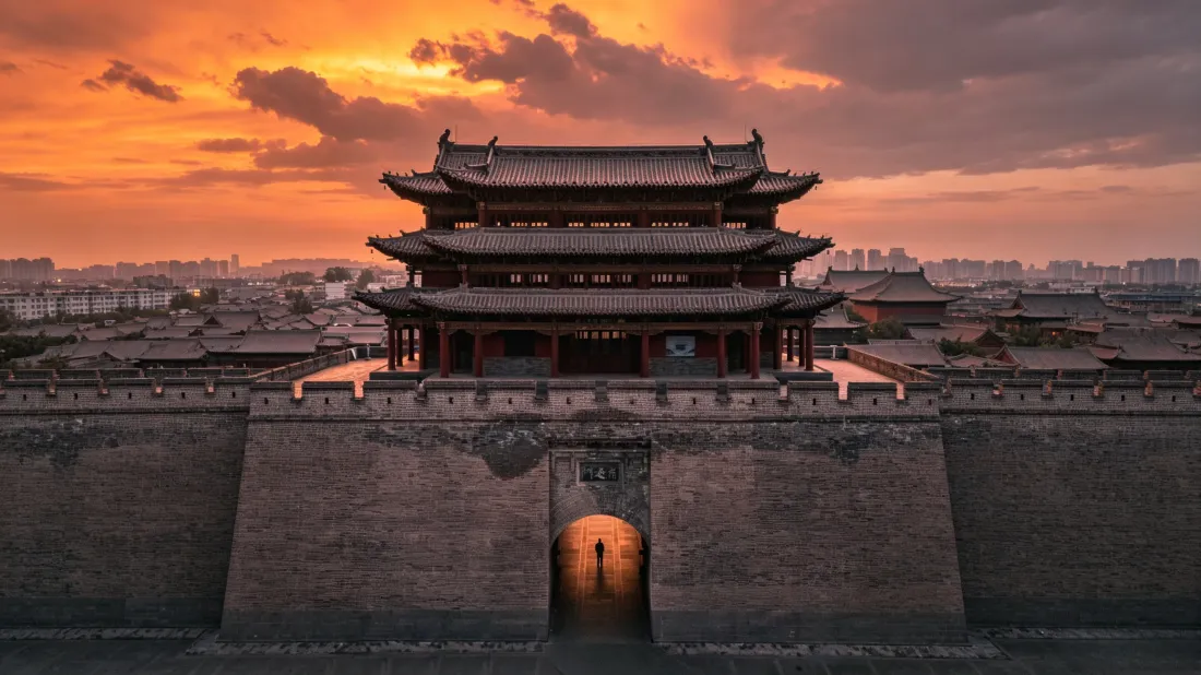 3k平遥古城城楼壁纸｜晚霞古建筑背景图片 - 黄昏风景「哲风壁纸」