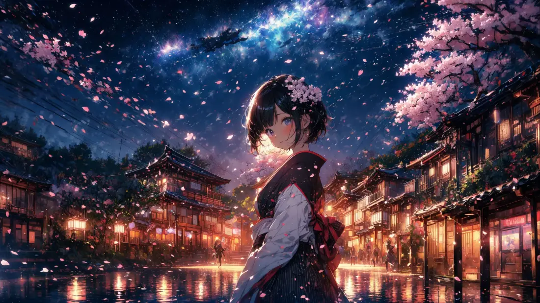 4k和服动漫少女壁纸｜樱花古街夜景背景图片 - 梦幻星空「哲风壁纸」