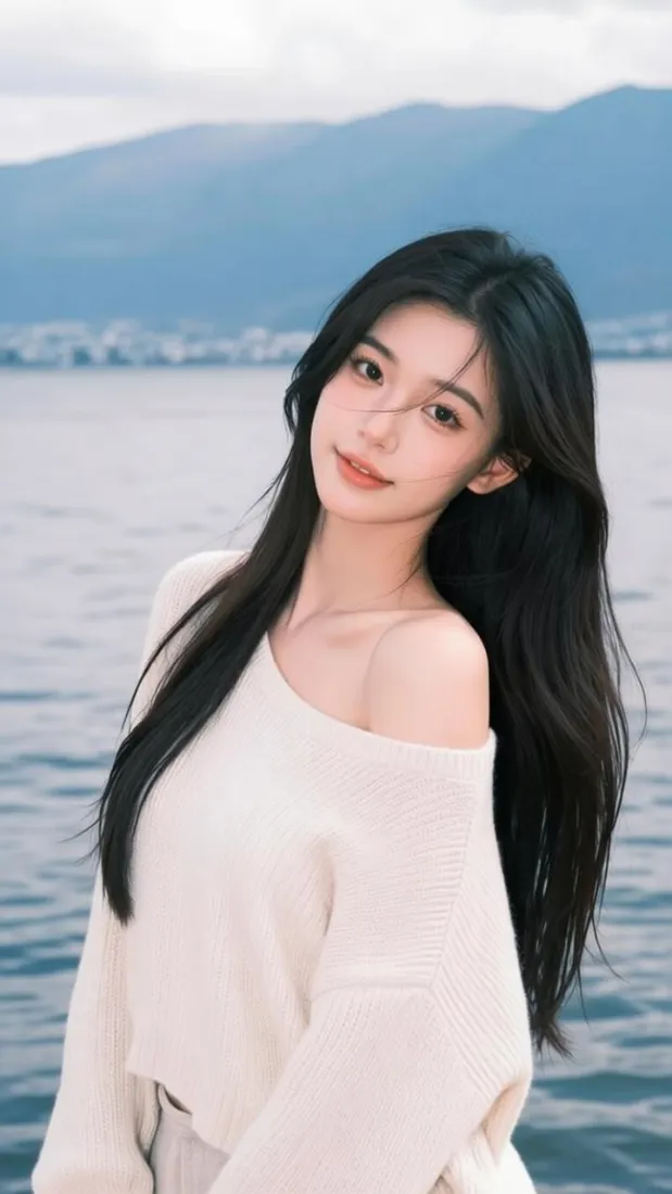 美少女手机壁纸｜洱海边背景图片 - 温柔氛围感黑长直少女「哲风壁纸」