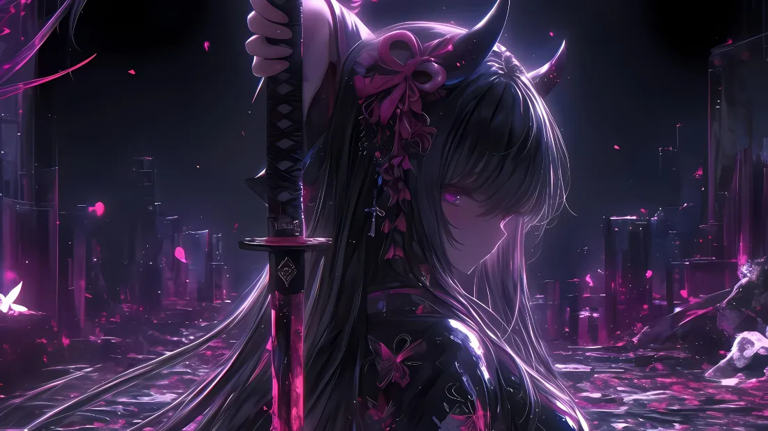 2k鬼族武士少女壁纸｜暗黑场景背景图片 - 持武士刀牛角少女「哲风壁纸」