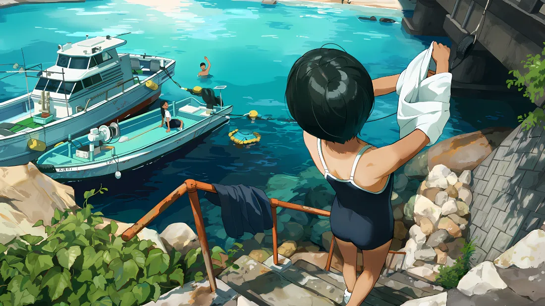 2k泳衣少女壁纸｜夏日小湖背景图片 - 二次元清新插画「哲风壁纸」
