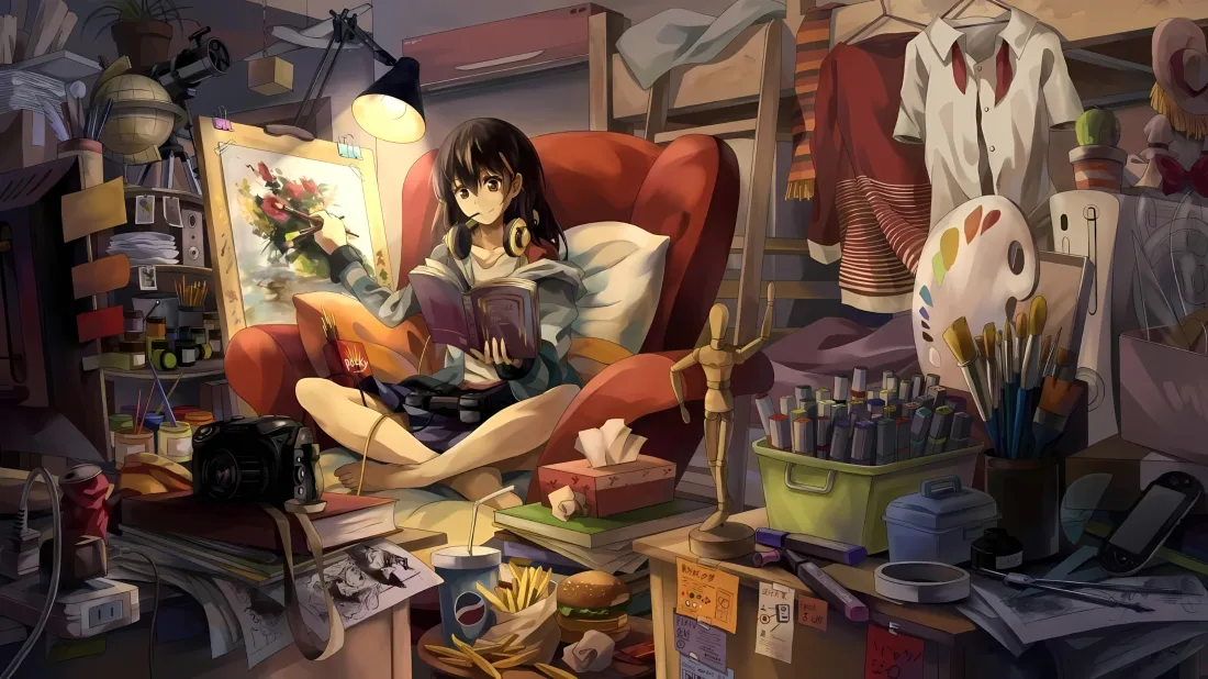 3k画画少女壁纸｜堆满画具画室背景图片 - 二次元治愈插画「哲风壁纸」
