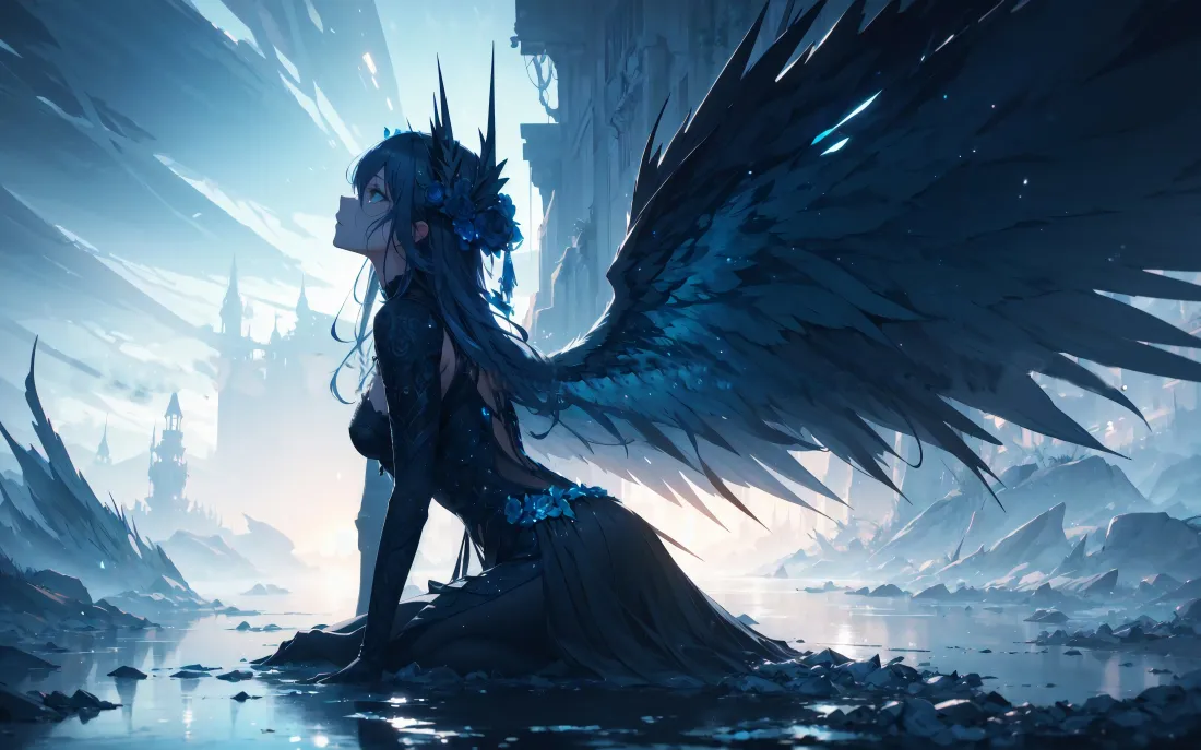 6k黑翼少女壁纸｜蓝色奇幻背景图片 - 二次元电脑桌面「哲风壁纸」
