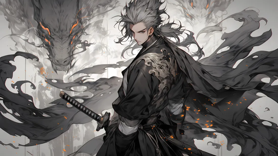 4k古风武士少年壁纸｜水墨黑龙背景图片 - 二次元插画「哲风壁纸」