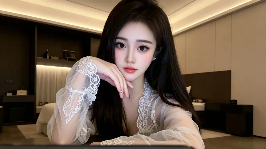 3k黑长直美女壁纸｜酒店室内背景图片 - 蕾丝氛围感穿搭「哲风壁纸」