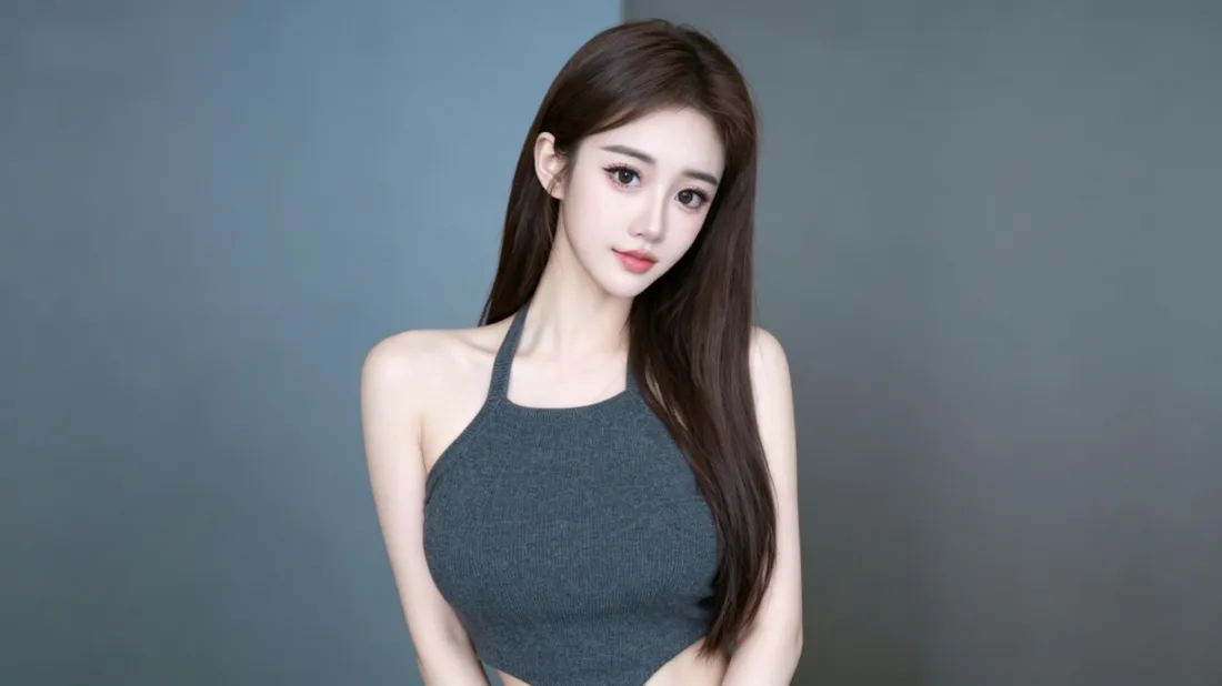 3k美女壁纸｜冷调纯色背景图片 - 气质长发精致穿搭写真「哲风壁纸」