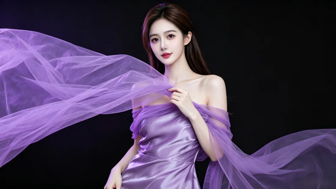 3k气质美女壁纸｜紫色飘纱背景图片 - 时尚氛围感写真「哲风壁纸」