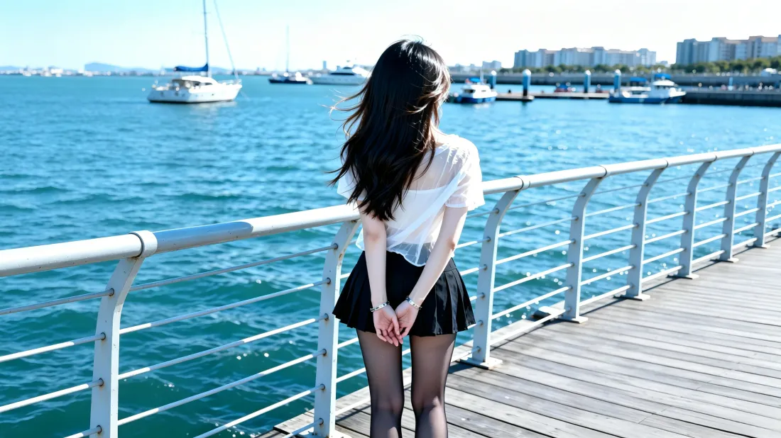 3k海边美女壁纸｜滨海港口背景图片 - 治愈系氛围感写真「哲风壁纸」