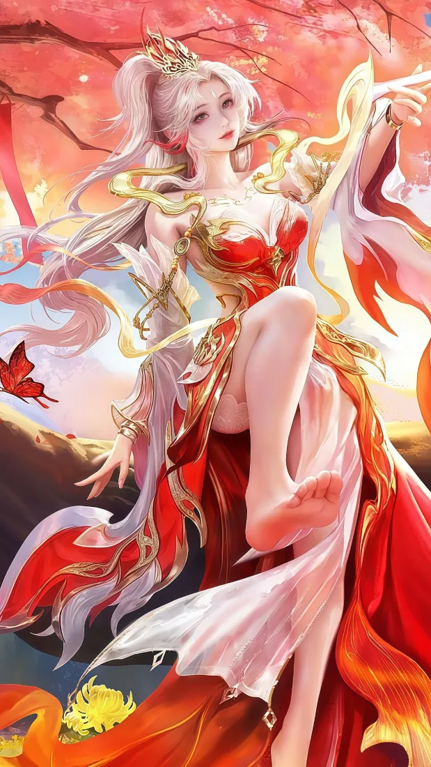 红衣二次元美女手机壁纸｜红枫背景图片 - 古风手绘「哲风壁纸」