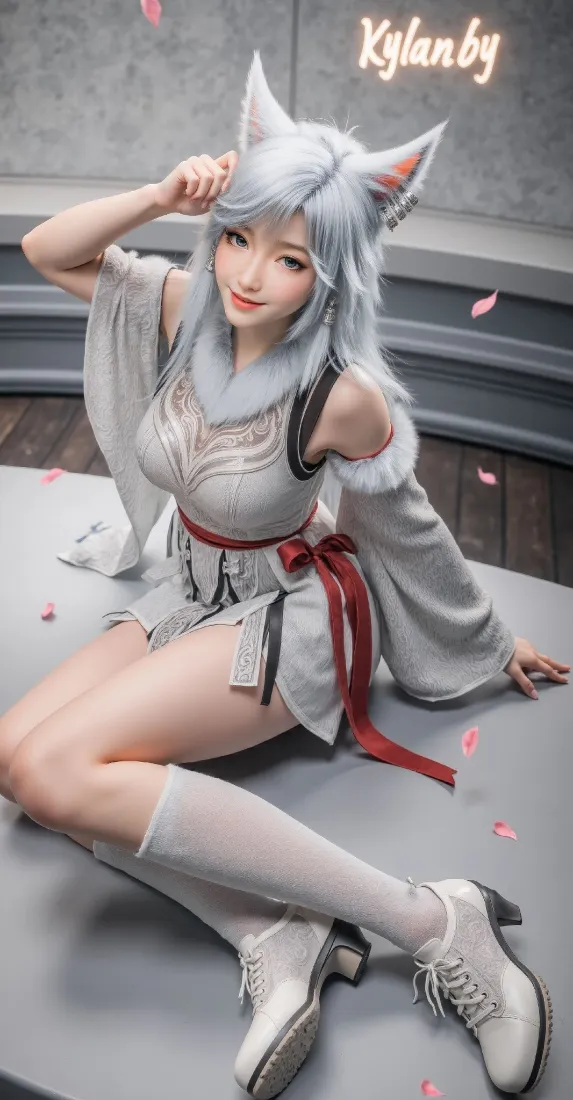 露芜衣狐耳少女手机壁纸｜石阶落瓣背景图片 - 清冷氛围感写真「哲风壁纸」
