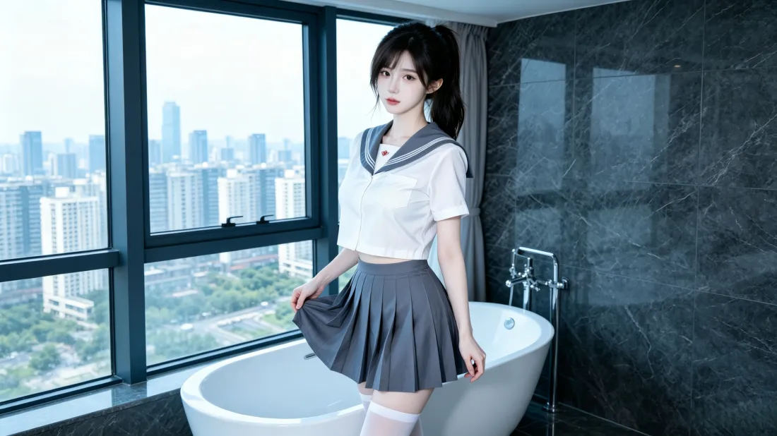 3kJK制服美女壁纸｜浴室落地窗背景图片 - 城市景观少女「哲风壁纸」