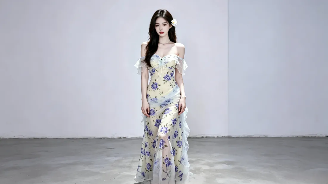 3k气质长发美女壁纸｜简约纯色背景图片 - 碎花长裙穿搭「哲风壁纸」