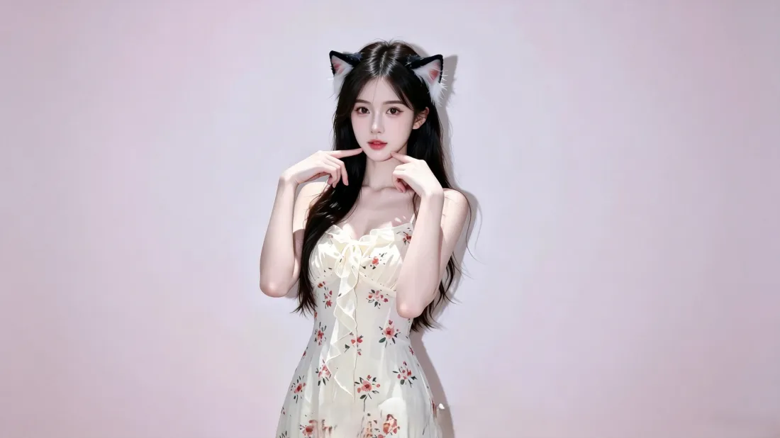 3k猫耳美女壁纸｜浅粉色背景图片 - 吊带碎花裙穿搭「哲风壁纸」
