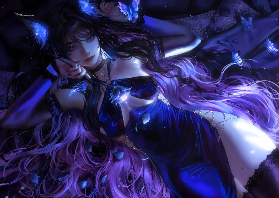 6k紫发动漫少女壁纸｜蓝蝶暗调背景图片 - 二次元插画「哲风壁纸」