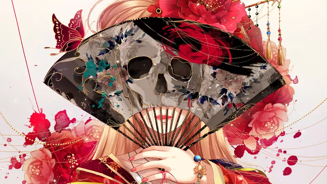 2k红衣古风少女壁纸｜玫瑰折扇背景图片 - 骷髅元素插画「哲风壁纸」
