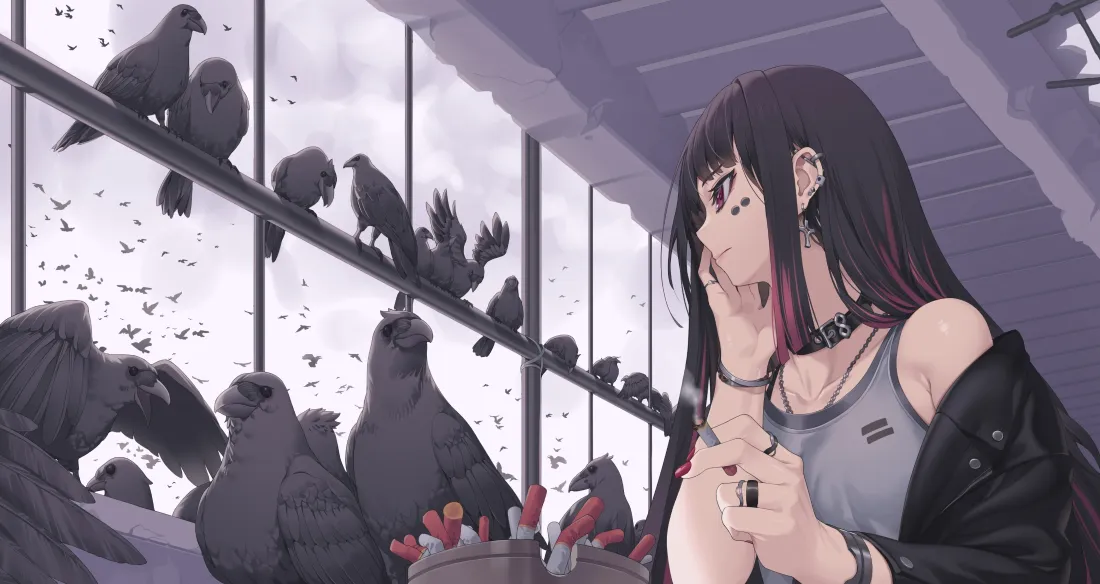 3k酷帅黑发少女壁纸｜乌鸦窗边背景图片 - 二次元手绘插画「哲风壁纸」