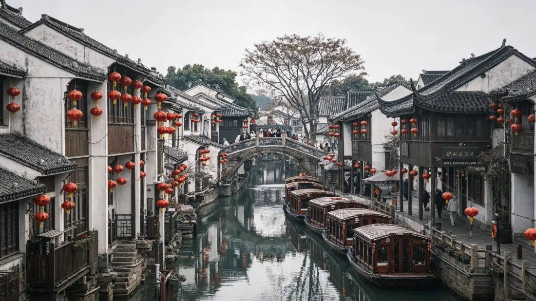 3k江南水乡壁纸｜古镇风景背景图片 - 乌篷船红灯笼石拱桥「哲风壁纸」
