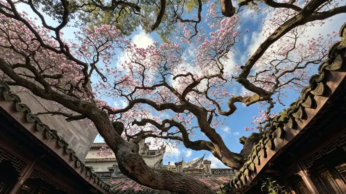 3k古巷花树壁纸｜蓝天白云背景图片 - 春日治愈好看风景「哲风壁纸」