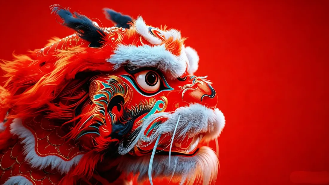 3k醒狮壁纸｜红色喜庆背景图片 - 国风传统民俗舞狮「哲风壁纸」