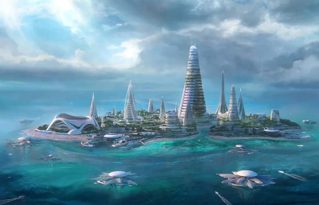 4k未来科幻海岛城市壁纸｜大海风景背景图片 - 滨海建筑「哲风壁纸」