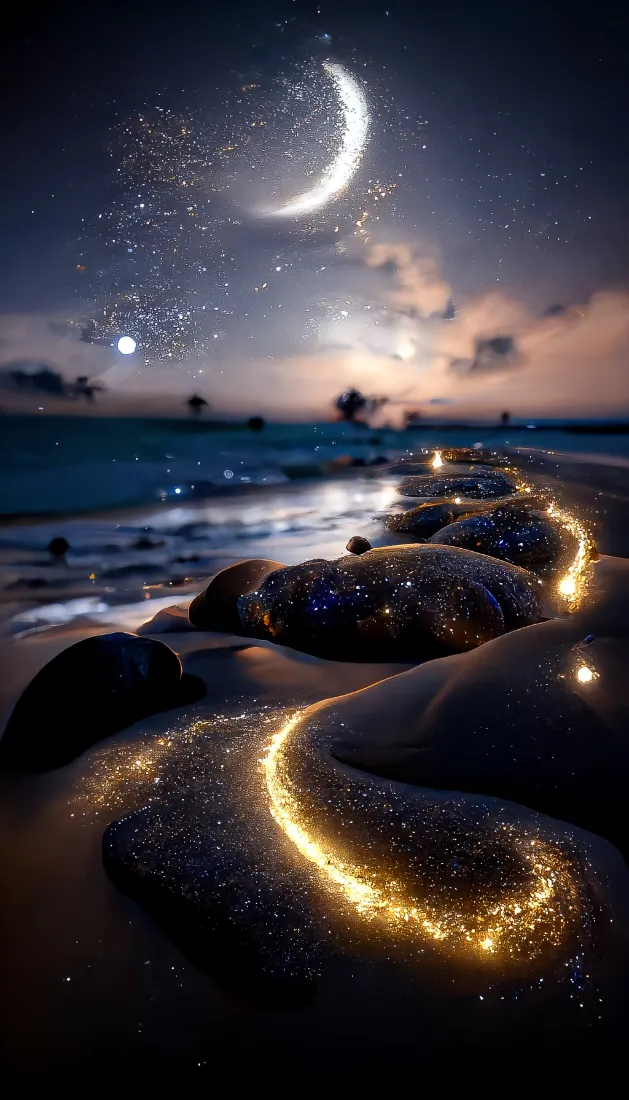 海边夜景手机壁纸｜荧光沙滩背景图片 - 新月星空治愈风景「哲风壁纸」