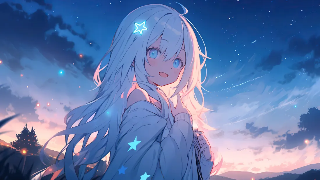 4k白发蓝眼二次元少女壁纸｜星空晚霞背景图片 - 影漫插画「哲风壁纸」