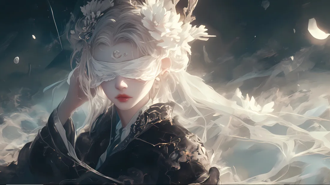 4k蒙眼白发少女壁纸｜月夜云朵背景图片 - 二次元影漫「哲风壁纸」