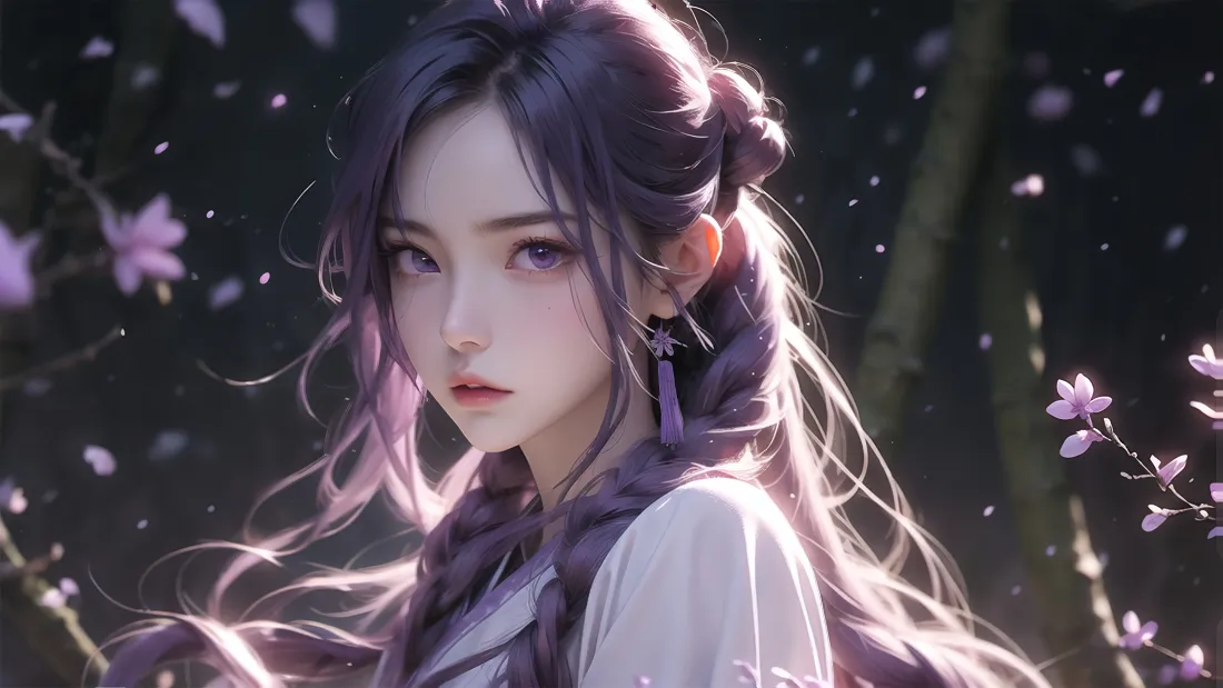 4k紫发古风少女壁纸｜二次元花林背景图片 - 影漫高清「哲风壁纸」