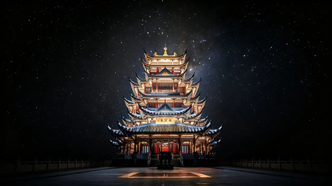 3k中式古风阁楼壁纸｜夜晚亮灯背景图片 - 平板高清适配「哲风壁纸」
