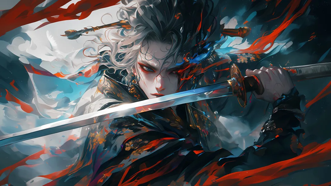 4k古风持剑银发武士壁纸｜战斗风背景图片 - 二次元影漫插画「哲风壁纸」