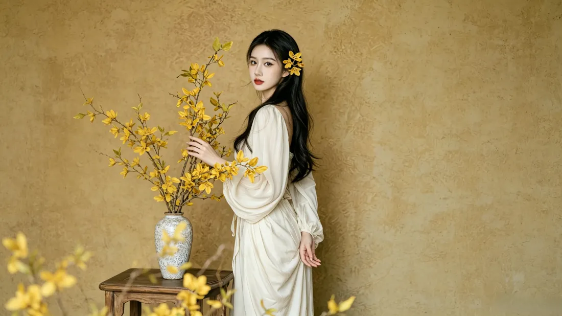3k白裙美女壁纸｜暖黄迎春花背景图片 - 氛围感写真「哲风壁纸」