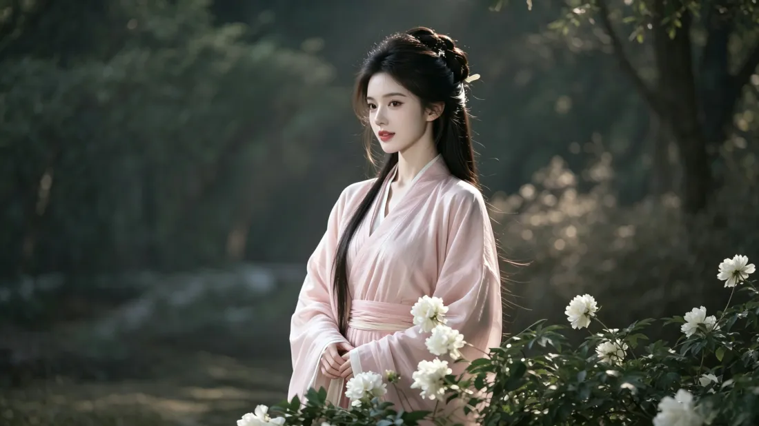 3k古装美女壁纸｜林间花丛背景图片 - 粉色汉服温婉人像「哲风壁纸」