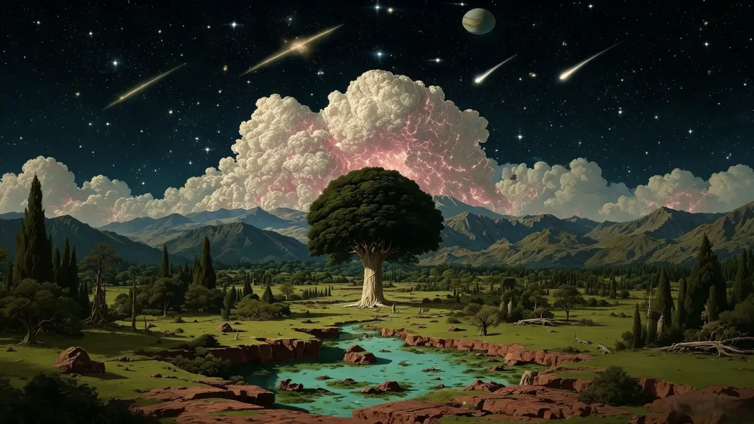 3k星空巨树壁纸｜草原河流山脉背景图片 - 流星梦幻夜景「哲风壁纸」