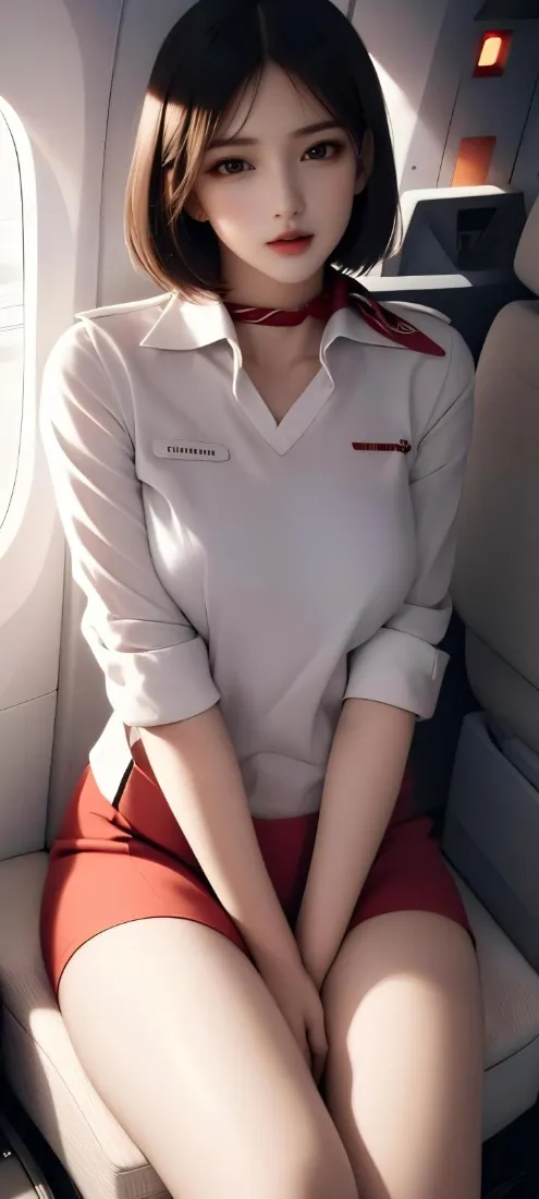 二次元空姐手机壁纸｜机舱背景图片 - 性感短发美女「哲风壁纸」