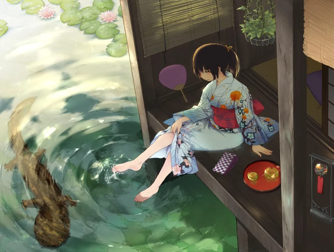 2k和服少女壁纸｜日式池塘背景图片 - 夏日清新插画「哲风壁纸」