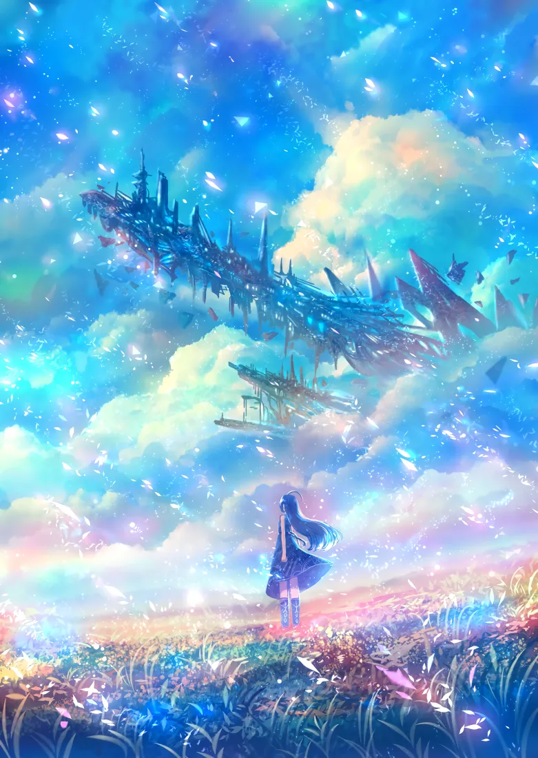 动漫少女手机壁纸｜浮空城堡星空背景图片 - 梦幻旷野治愈场景「哲风壁纸」